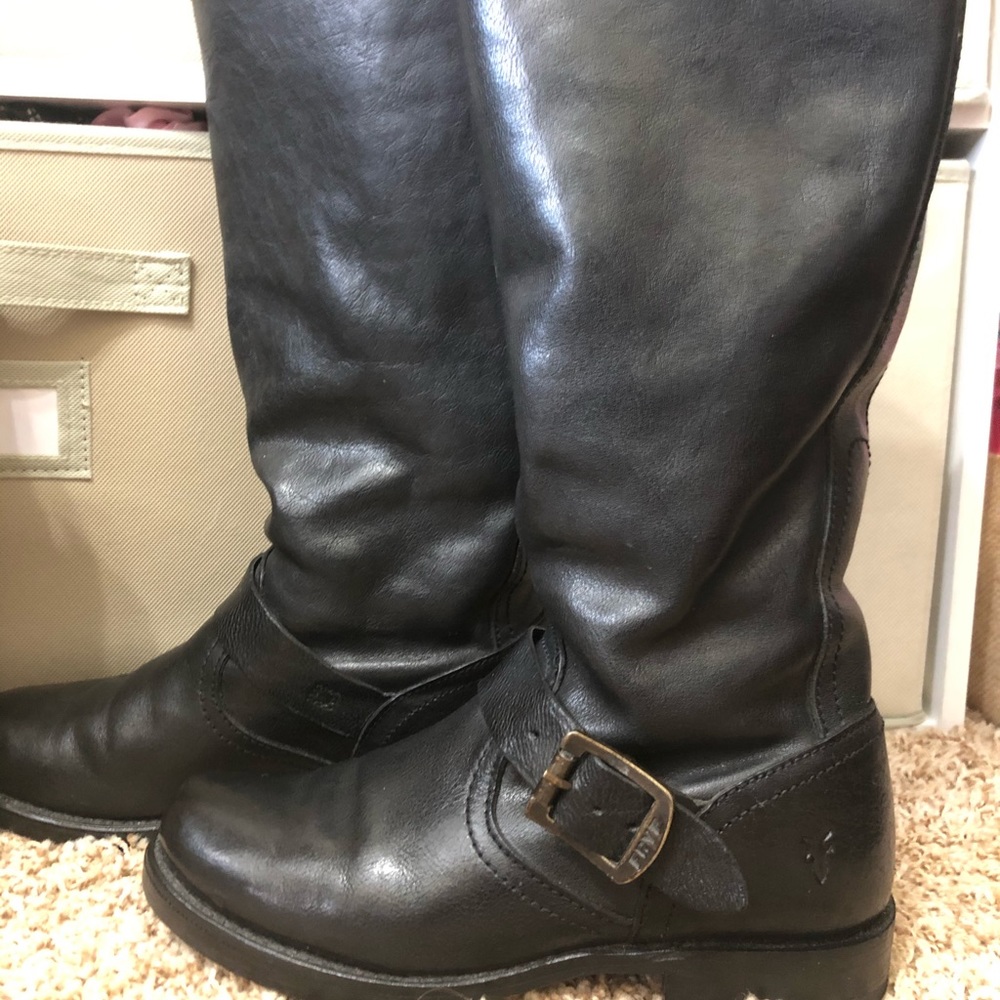 Frye Black Leather Double Buckle Riding Boot 6